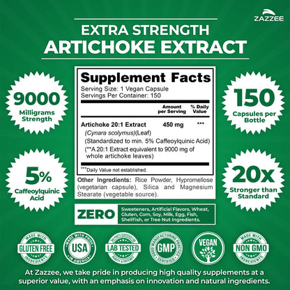 Zazzee Extra Strength Artichoke 20:1 Extract – 9000 mg per Capsule, 150 Vegan Capsules