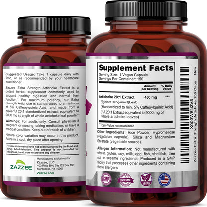 Zazzee Extra Strength Artichoke 20:1 Extract – 9000 mg per Capsule, 150 Vegan Capsules