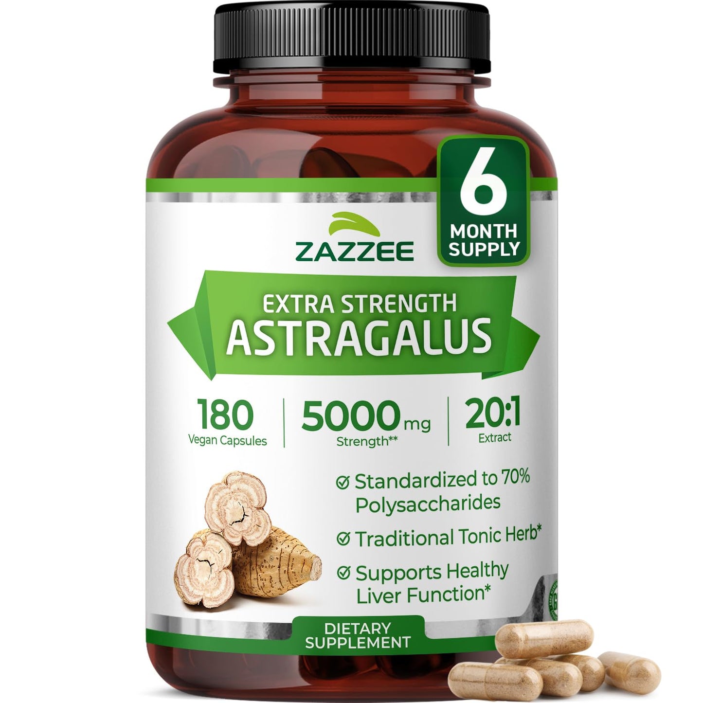 Zazzee Extra Strength Astragalus Root 20:1 Extract – 5000 mg, 70% Polysaccharides, 180 Vegan Capsules, 6 Month Supply, Non-GMO