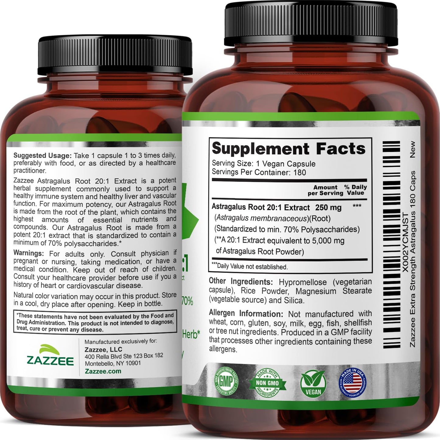 Zazzee Extra Strength Astragalus Root 20:1 Extract – 5000 mg, 70% Polysaccharides, 180 Vegan Capsules, 6 Month Supply, Non-GMO