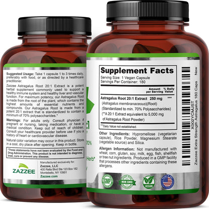 Zazzee Extra Strength Astragalus Root 20:1 Extract – 5000 mg, 70% Polysaccharides, 180 Vegan Capsules, 6 Month Supply, Non-GMO