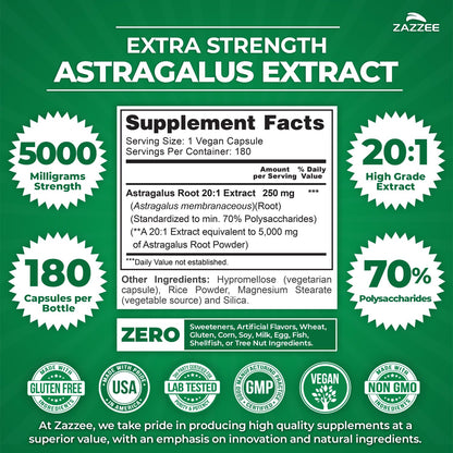 Zazzee Extra Strength Astragalus Root 20:1 Extract – 5000 mg, 70% Polysaccharides, 180 Vegan Capsules, 6 Month Supply, Non-GMO