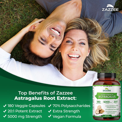 Zazzee Extra Strength Astragalus Root 20:1 Extract – 5000 mg, 70% Polysaccharides, 180 Vegan Capsules, 6 Month Supply, Non-GMO