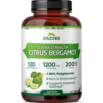 Zazzee Extra Strength Citrus Bergamot 200:1 Extract 1200 mg, 80% Polyphenols, 120 Vegan Capsules, Made in The USA