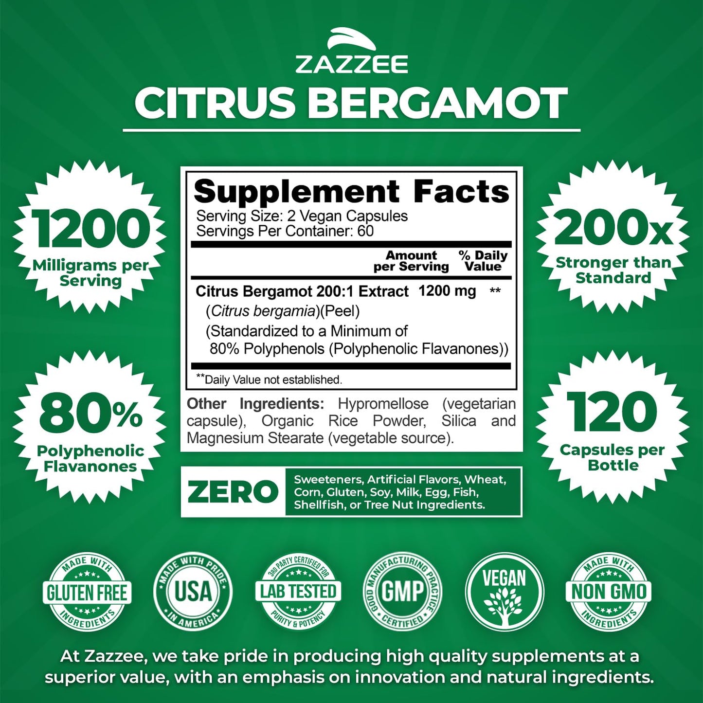 Zazzee Extra Strength Citrus Bergamot 200:1 Extract 1200 mg, 80% Polyphenols, 120 Vegan Capsules, Made in The USA