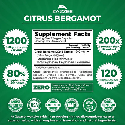 Zazzee Extra Strength Citrus Bergamot 200:1 Extract 1200 mg, 80% Polyphenols, 120 Vegan Capsules, Made in The USA