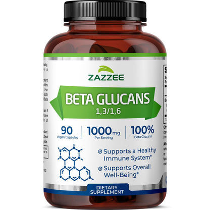 Zazzee Extra Strength Beta Glucans 1000 mg | 90 Vegan Capsules | Immune Support