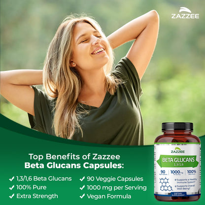 Zazzee Extra Strength Beta Glucans 1000 mg | 90 Vegan Capsules | Immune Support