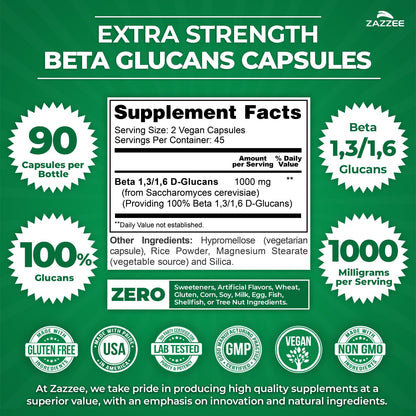 Zazzee Extra Strength Beta Glucans 1000 mg | 90 Vegan Capsules | Immune Support