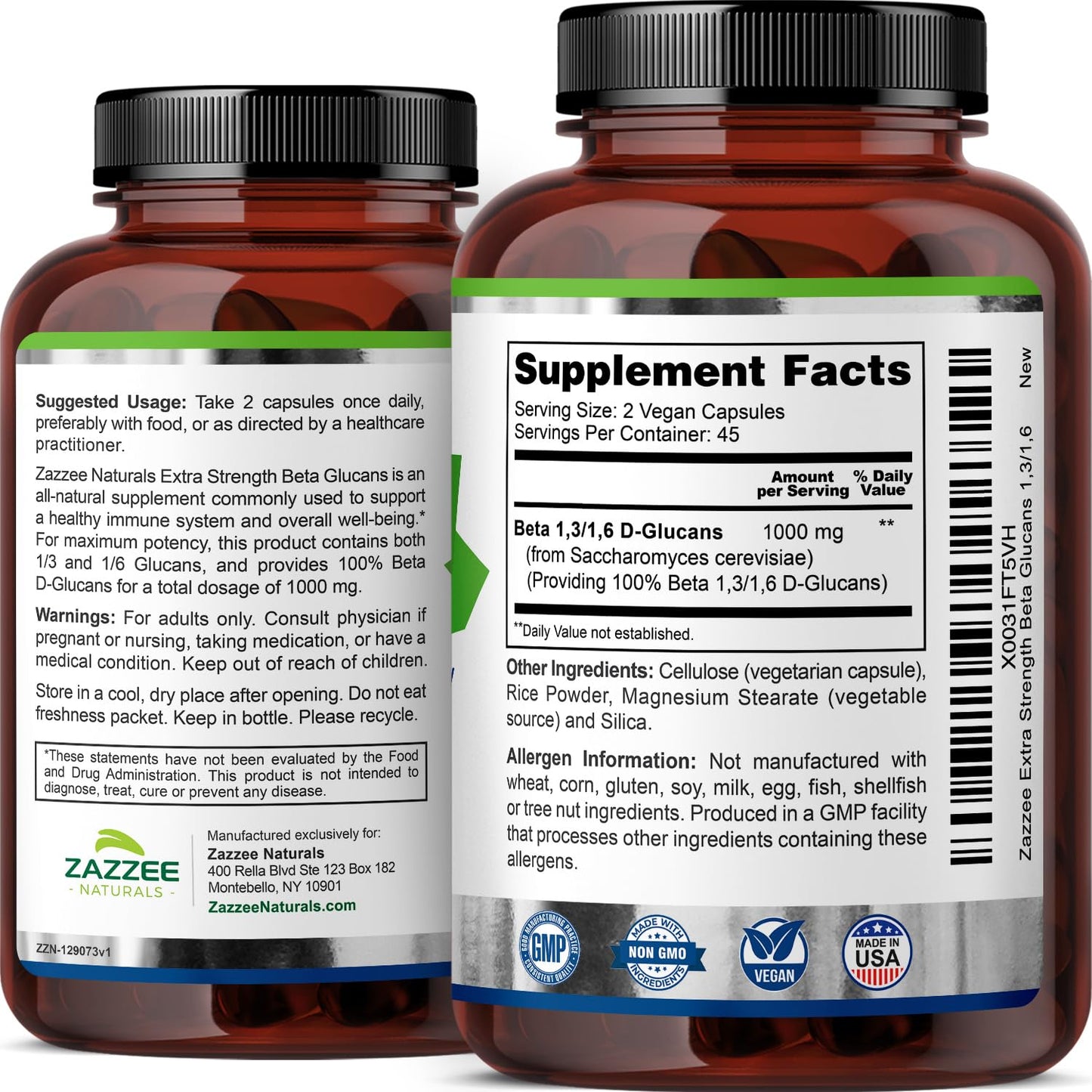 Zazzee Extra Strength Beta Glucans 1000 mg | 90 Vegan Capsules | Immune Support