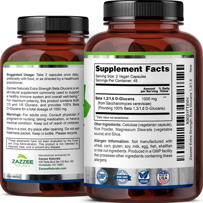 Zazzee Extra Strength Beta Glucans 1000 mg | 90 Vegan Capsules | Immune Support