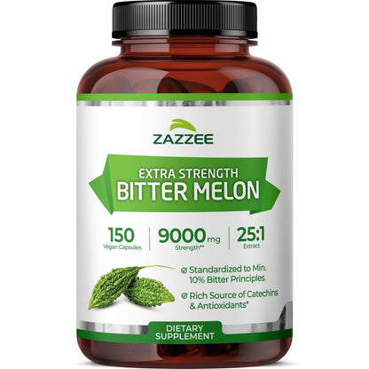 Zazzee Extra Strength Bitter Melon 25:1 Extract – 9000 mg, 10% Bitter Principles, 150 Vegan Capsules, 25X Standardized, Non-GMO