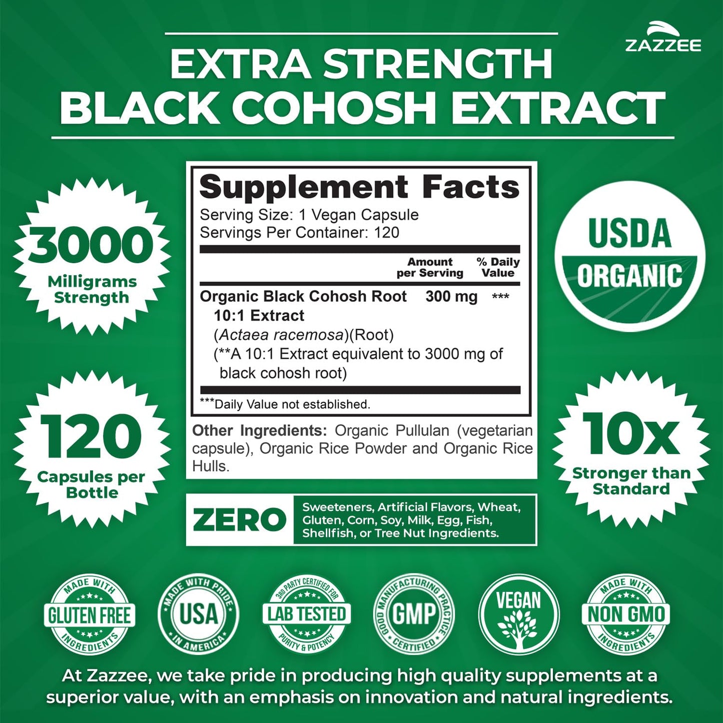 Zazzee USDA Organic Black Cohosh 10:1 Extract – 3000 mg Strength, 120 Capsules, 4 Month Supply | Made in USA