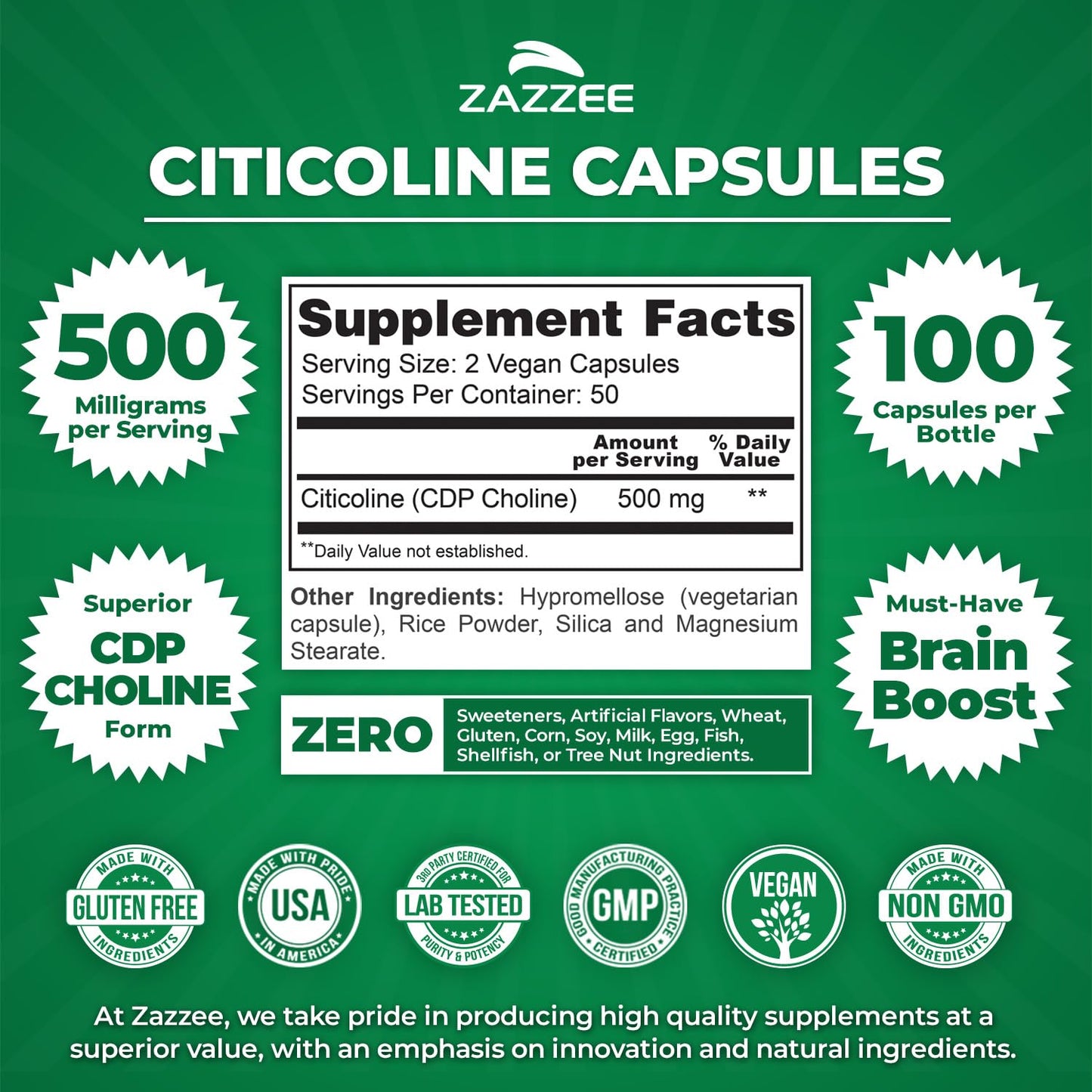 Zazzee Extra Strength Citicoline 500 mg – 100 Vegan Capsules | CDP Choline