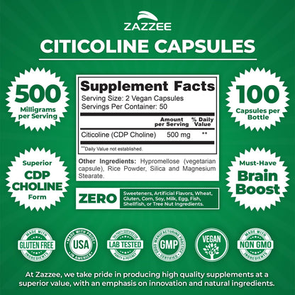 Zazzee Extra Strength Citicoline 500 mg – 100 Vegan Capsules | CDP Choline