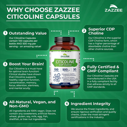 Zazzee Extra Strength Citicoline 500 mg – 100 Vegan Capsules | CDP Choline