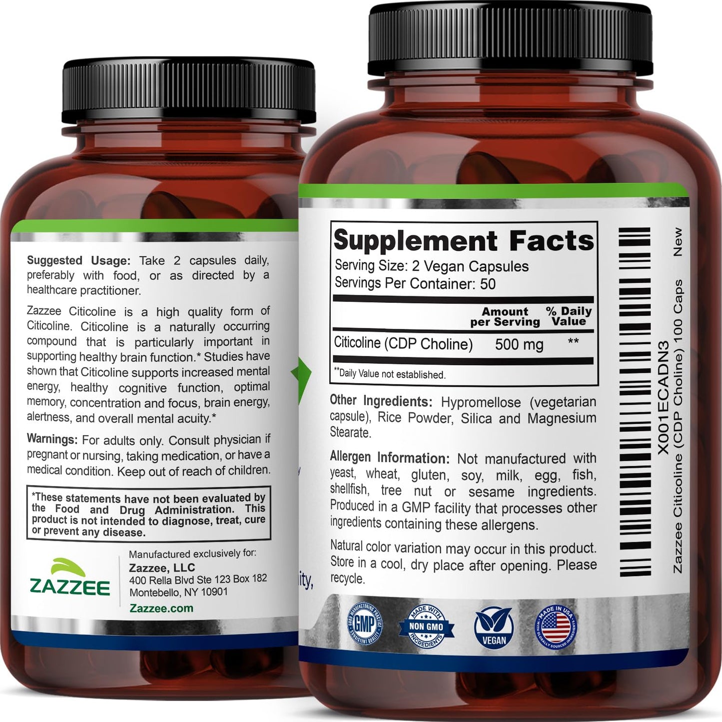 Zazzee Extra Strength Citicoline 500 mg – 100 Vegan Capsules | CDP Choline