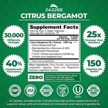 Zazzee Citrus Bergamot 25:1 Extract – 1200 mg, 150 Vegan Capsules, Kosher & Non-GMO, Made in USA