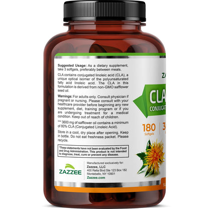 Zazzee High Potency CLA 3600 - 180 Softgels, 60 Day Supply, Non-GMO, Made in USA