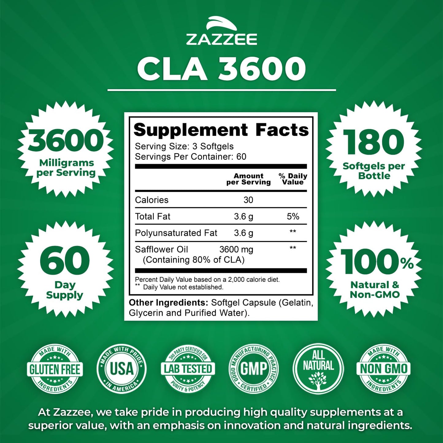 Zazzee High Potency CLA 3600 - 180 Softgels, 60 Day Supply, Non-GMO, Made in USA