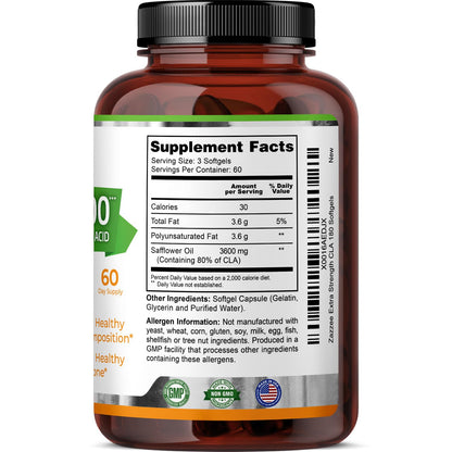 Zazzee High Potency CLA 3600 - 180 Softgels, 60 Day Supply, Non-GMO, Made in USA