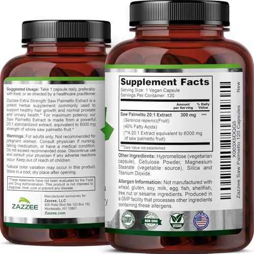 Zazzee Extra Strength Saw Palmetto 20:1 Extract – 6000 mg per Capsule, 4 Month Supply, 40% Fatty Acids, 120 Vegan Capsules, Non-GMO, Made in USA