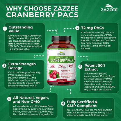 Zazzee Cranberry PACs – 72 mg per Capsule, 2x Strength, 120 Vegan Capsules, 50:1 Extract, Made in USA