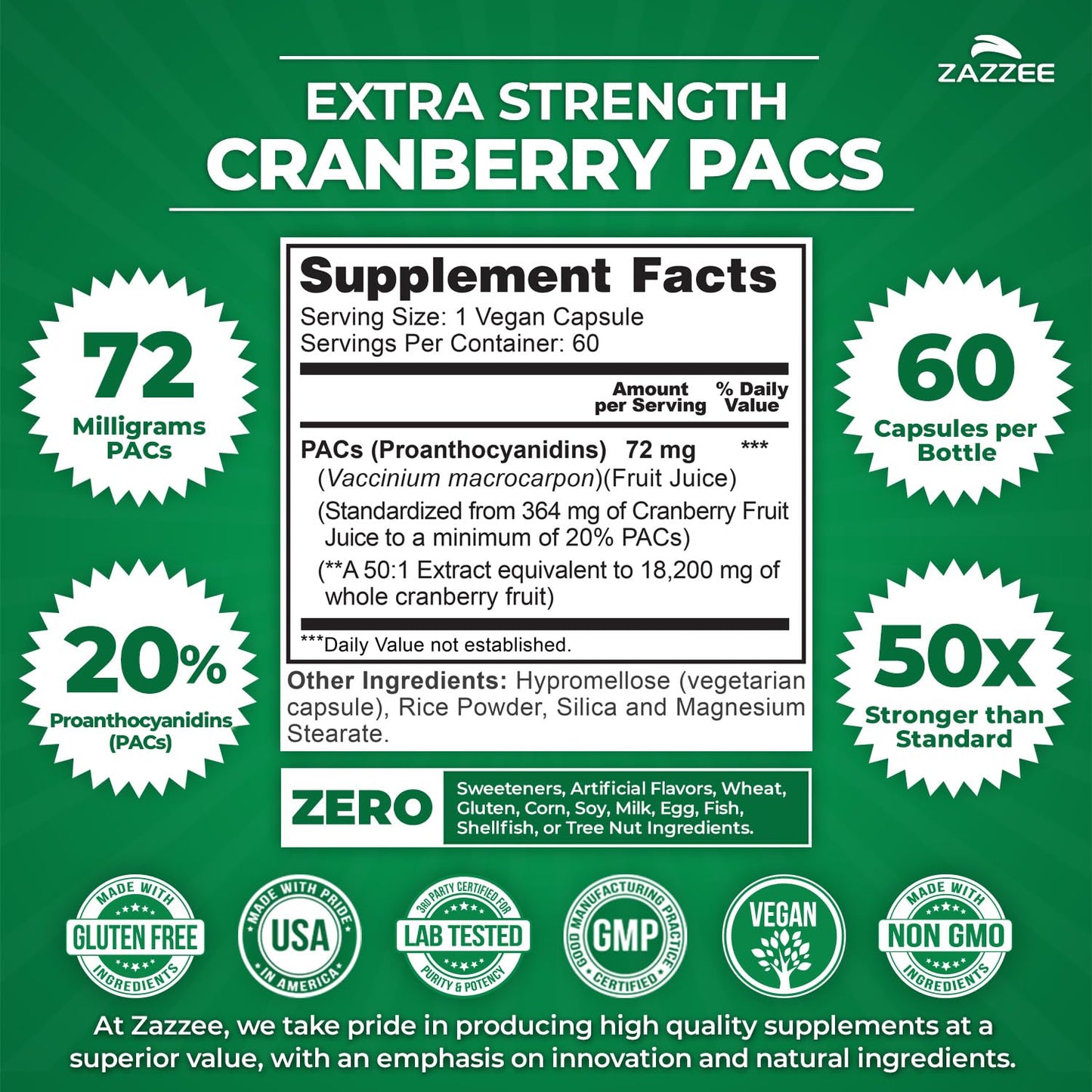 Zazzee Cranberry PACs - 72 mg PACs per Capsule, 2X Strength, 60 Vegan Capsules, 50:1 Extract, Made in USA
