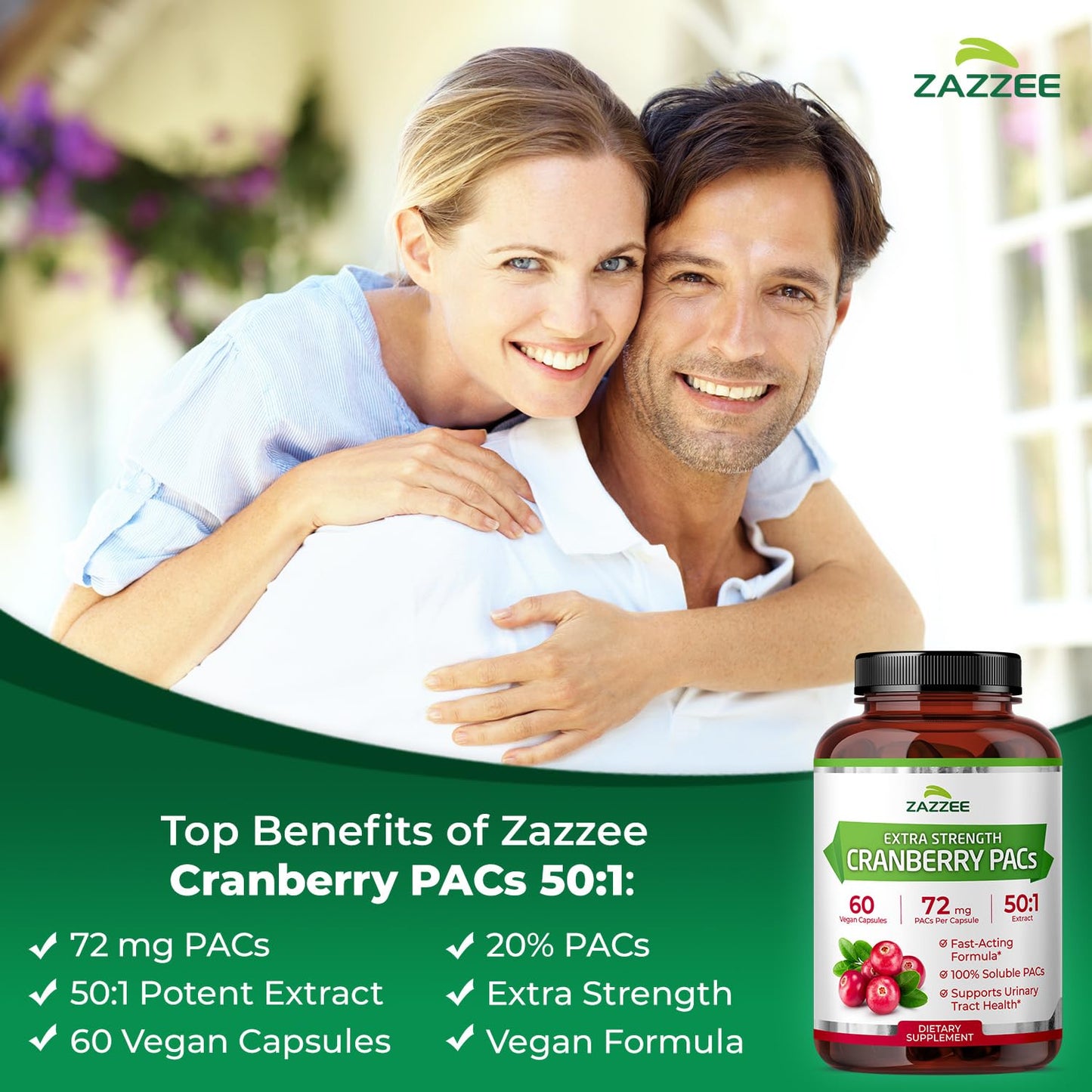 Zazzee Cranberry PACs - 72 mg PACs per Capsule, 2X Strength, 60 Vegan Capsules, 50:1 Extract, Made in USA