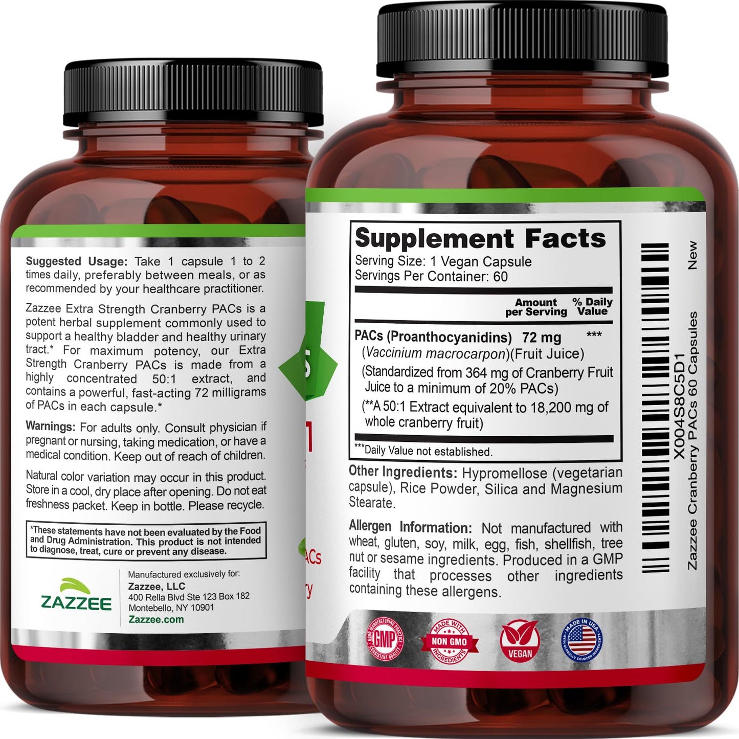 Zazzee Cranberry PACs - 72 mg PACs per Capsule, 2X Strength, 60 Vegan Capsules, 50:1 Extract, Made in USA