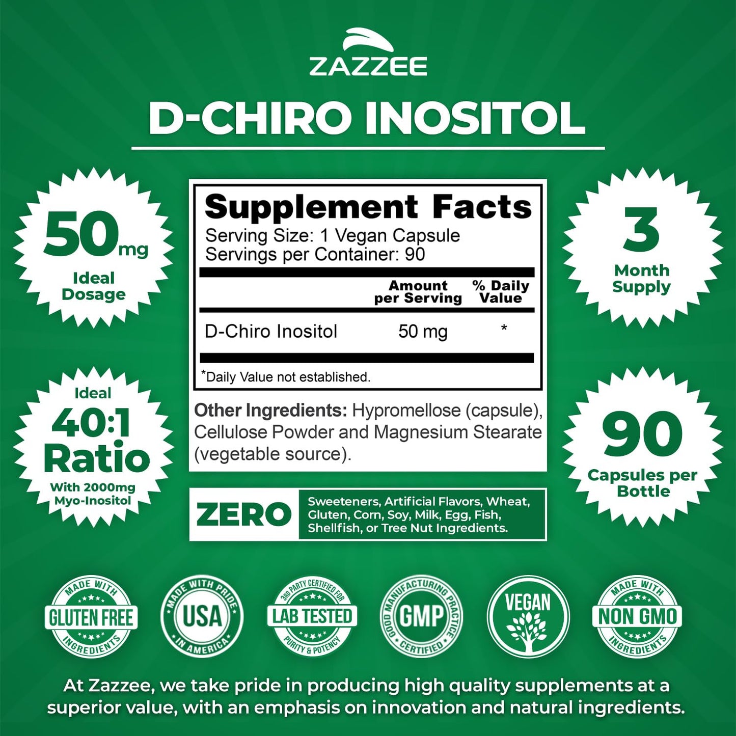Zazzee D-Chiro-Inositol 50 mg per Capsule | 90 Vegan Capsules | 40:1 Ratio with Myo-Inositol