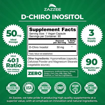 Zazzee D-Chiro-Inositol 50 mg per Capsule | 90 Vegan Capsules | 40:1 Ratio with Myo-Inositol