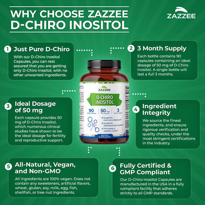 Zazzee D-Chiro-Inositol 50 mg per Capsule | 90 Vegan Capsules | 40:1 Ratio with Myo-Inositol