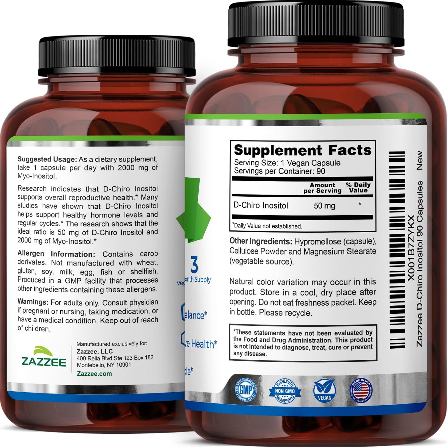 Zazzee D-Chiro-Inositol 50 mg per Capsule | 90 Vegan Capsules | 40:1 Ratio with Myo-Inositol