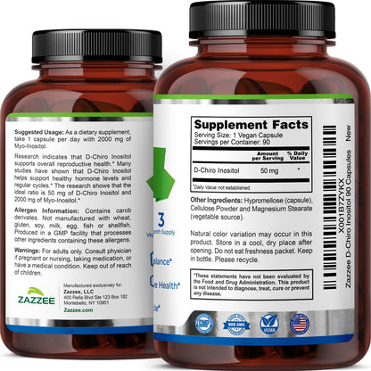 Zazzee D-Chiro-Inositol 50 mg per Capsule | 90 Vegan Capsules | 40:1 Ratio with Myo-Inositol