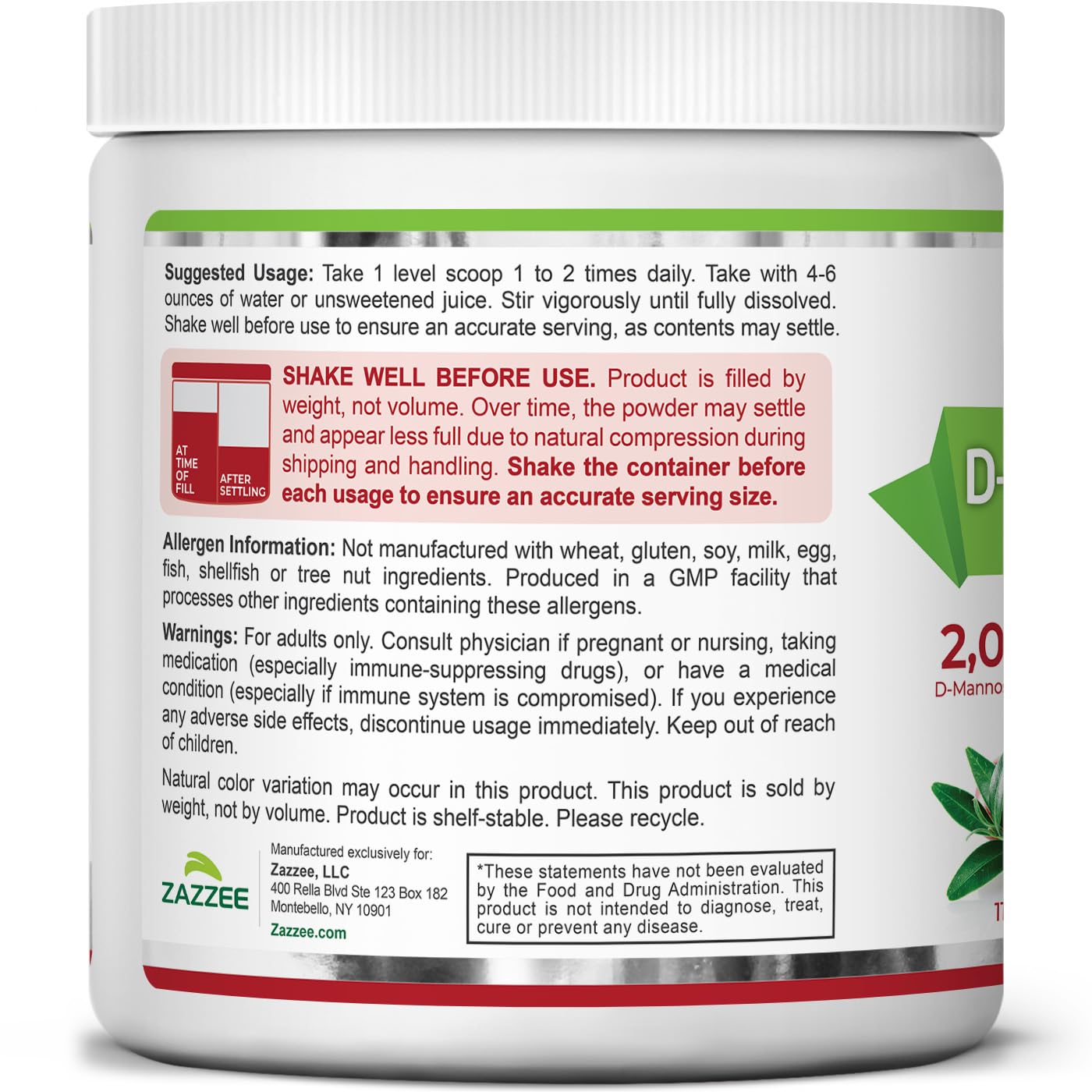 Zazzee D-Mannose Powder Plus with Probiotics & Cranberry Juice Extract | 2000 mg, 120 Servings