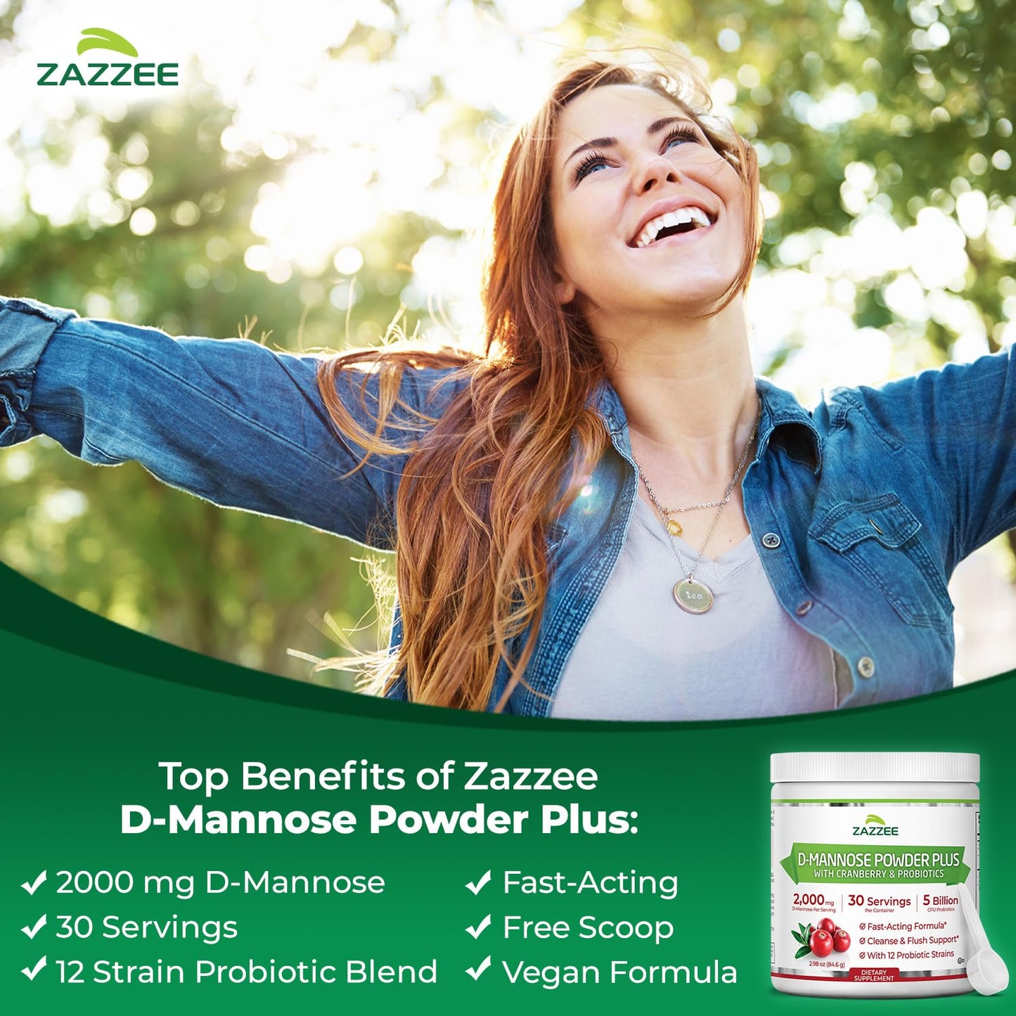 Zazzee D-Mannose Powder Plus – 2000 mg, Probiotics, Cranberry, 30 Servings