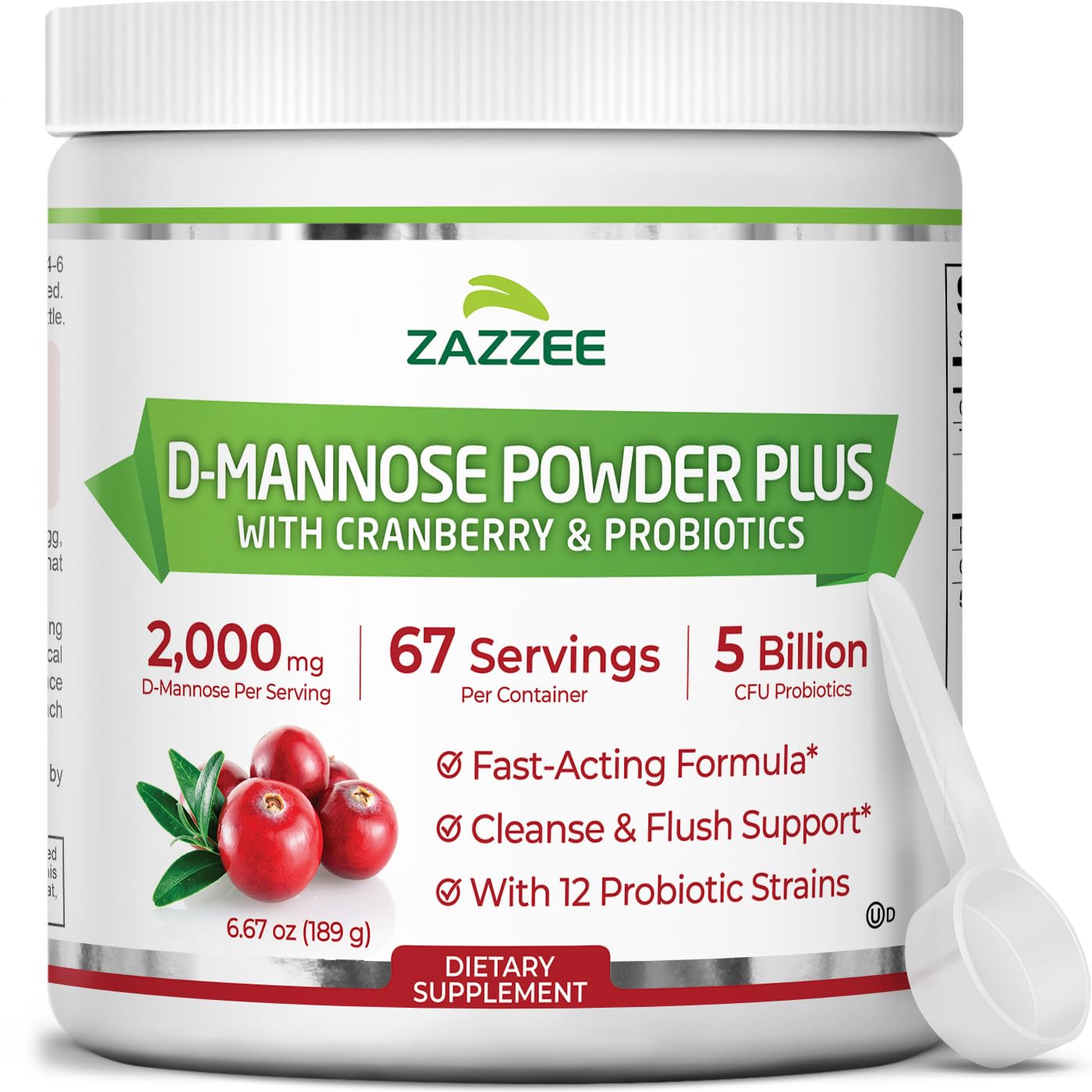 Zazzee D-Mannose Powder Plus 2000 mg | 67 Servings | Probiotics + Cranberry Extract | Kosher, Gluten-Free, Non-GMO