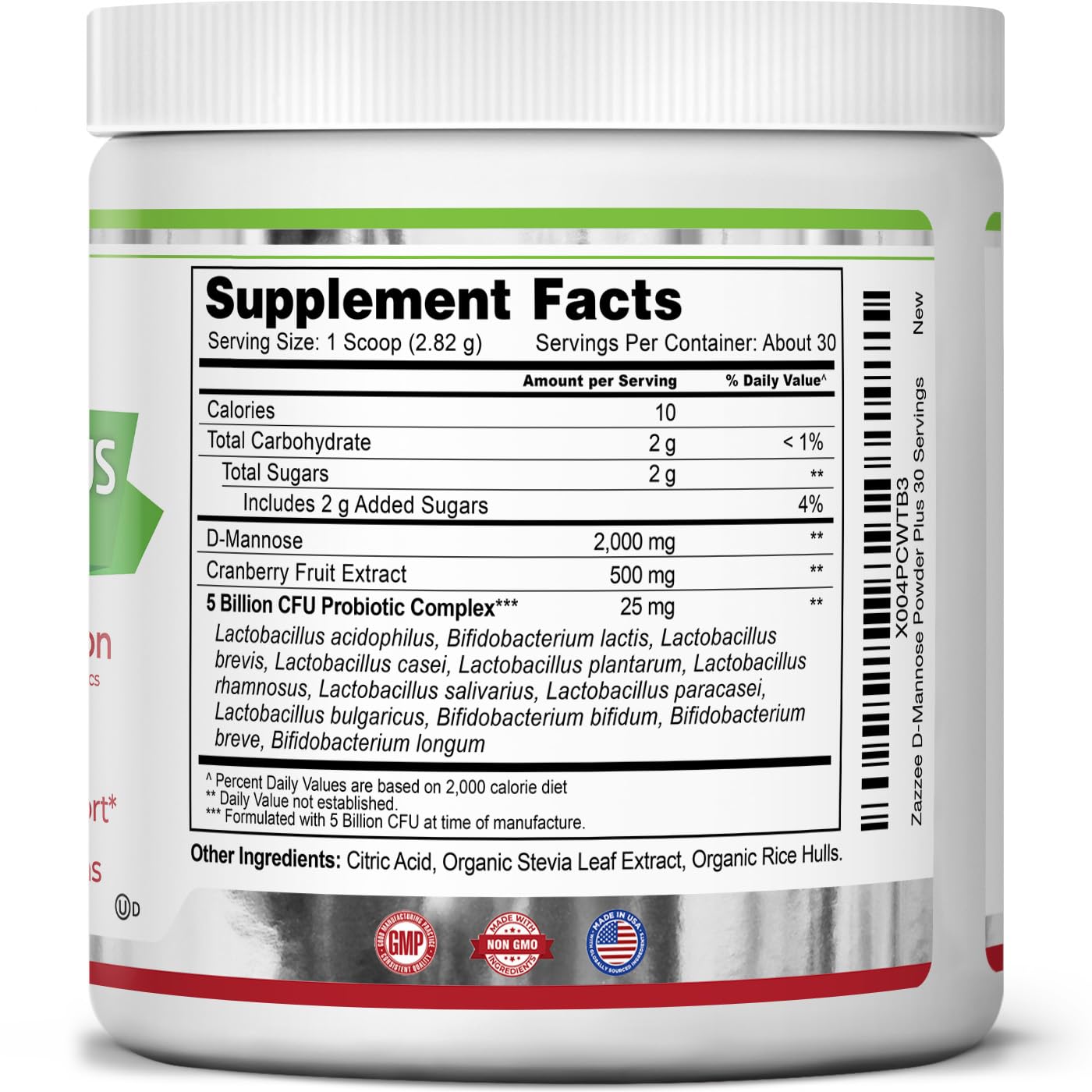 Zazzee D-Mannose Powder Plus – 2000 mg, Probiotics, Cranberry, 30 Servings