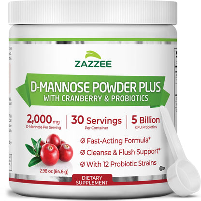 Zazzee D-Mannose Powder Plus – 2000 mg, Probiotics, Cranberry, 30 Servings