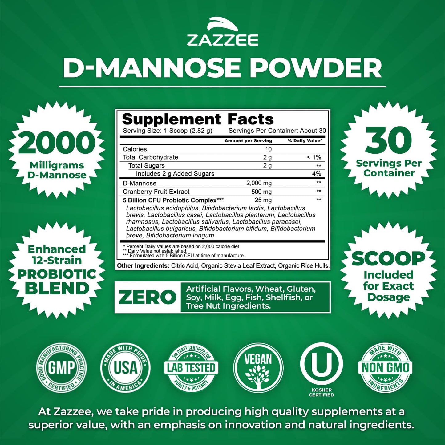 Zazzee D-Mannose Powder Plus – 2000 mg, Probiotics, Cranberry, 30 Servings