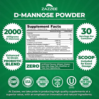 Zazzee D-Mannose Powder Plus – 2000 mg, Probiotics, Cranberry, 30 Servings