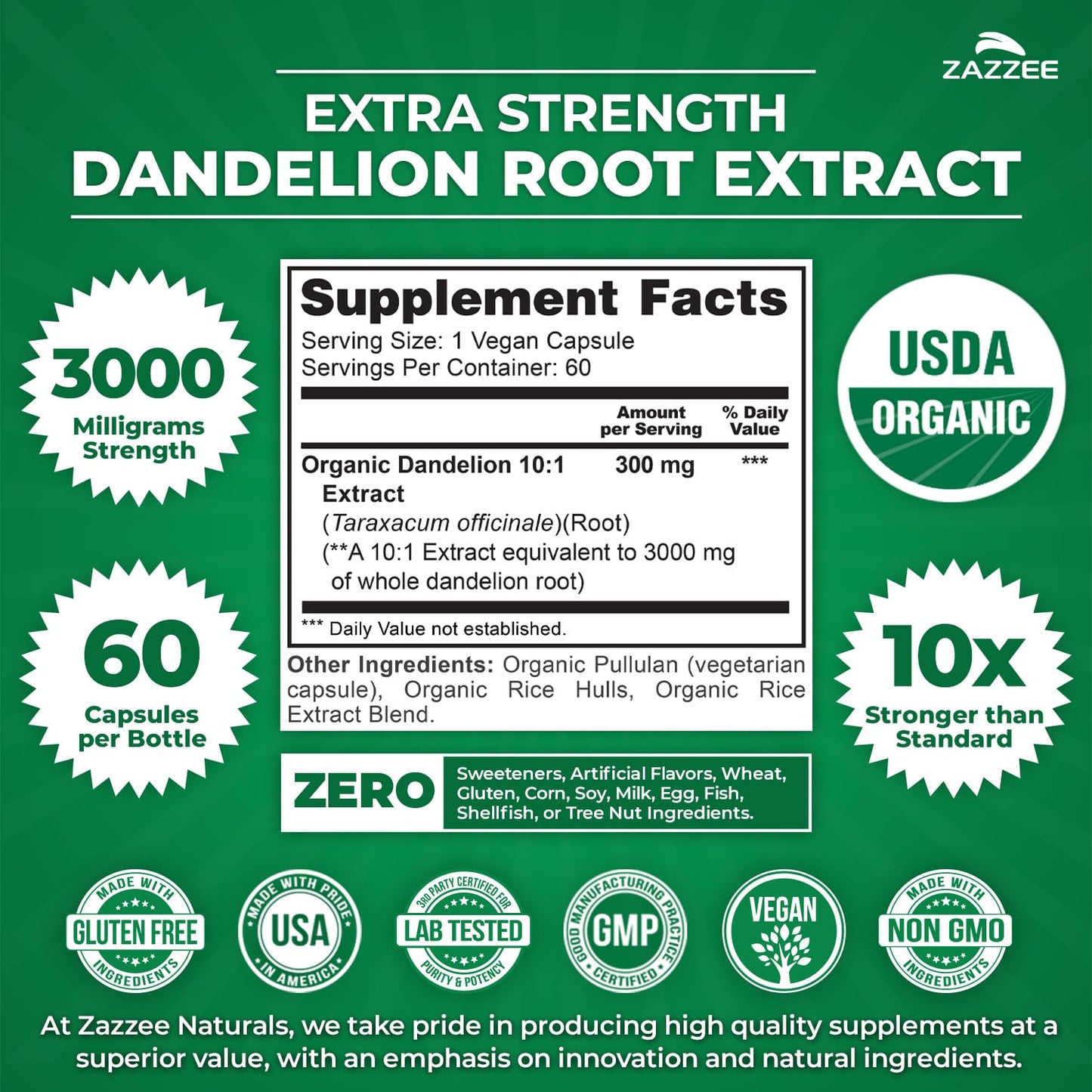 Zazzee Organic Dandelion Root 10:1 Extract - 3000 mg, 60 Capsules, 2-Month Supply