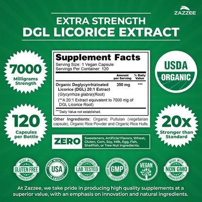 Zazzee USDA Organic DGL Licorice 7000 mg | 20:1 Extract | 120 Veg Capsules