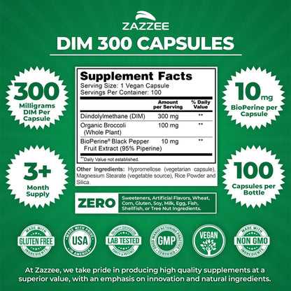 Zazzee DIM 300 mg per Capsule + BioPerine | 100 Count, Vegan, Non-GMO