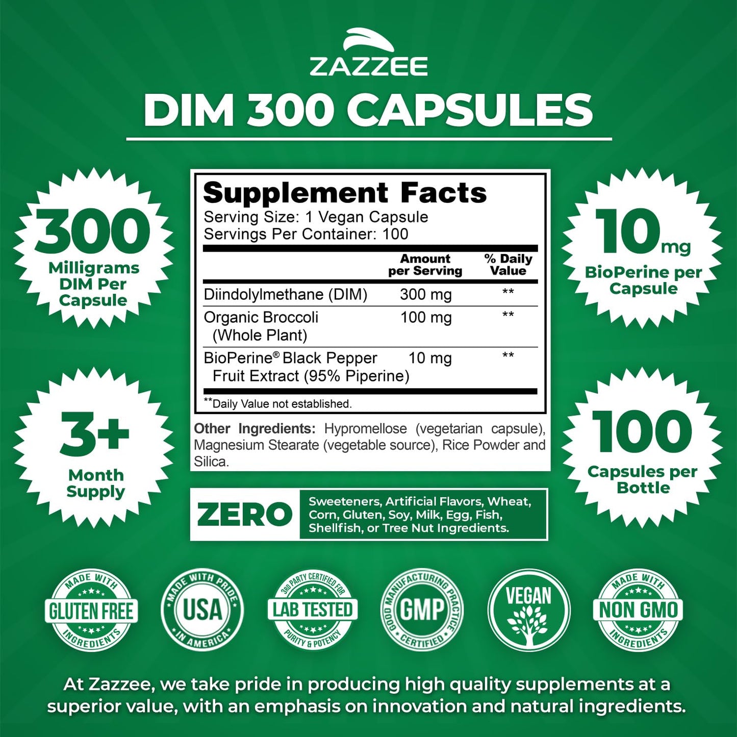 Zazzee DIM 300 mg per Capsule + BioPerine | 100 Count, Vegan, Non-GMO