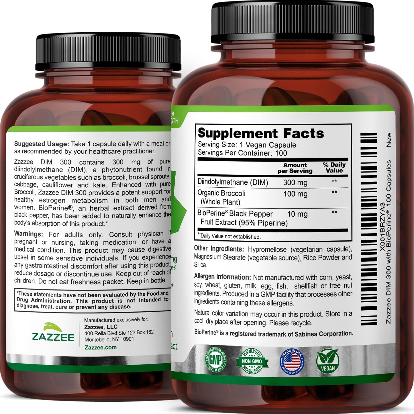 Zazzee DIM 300 mg per Capsule + BioPerine | 100 Count, Vegan, Non-GMO