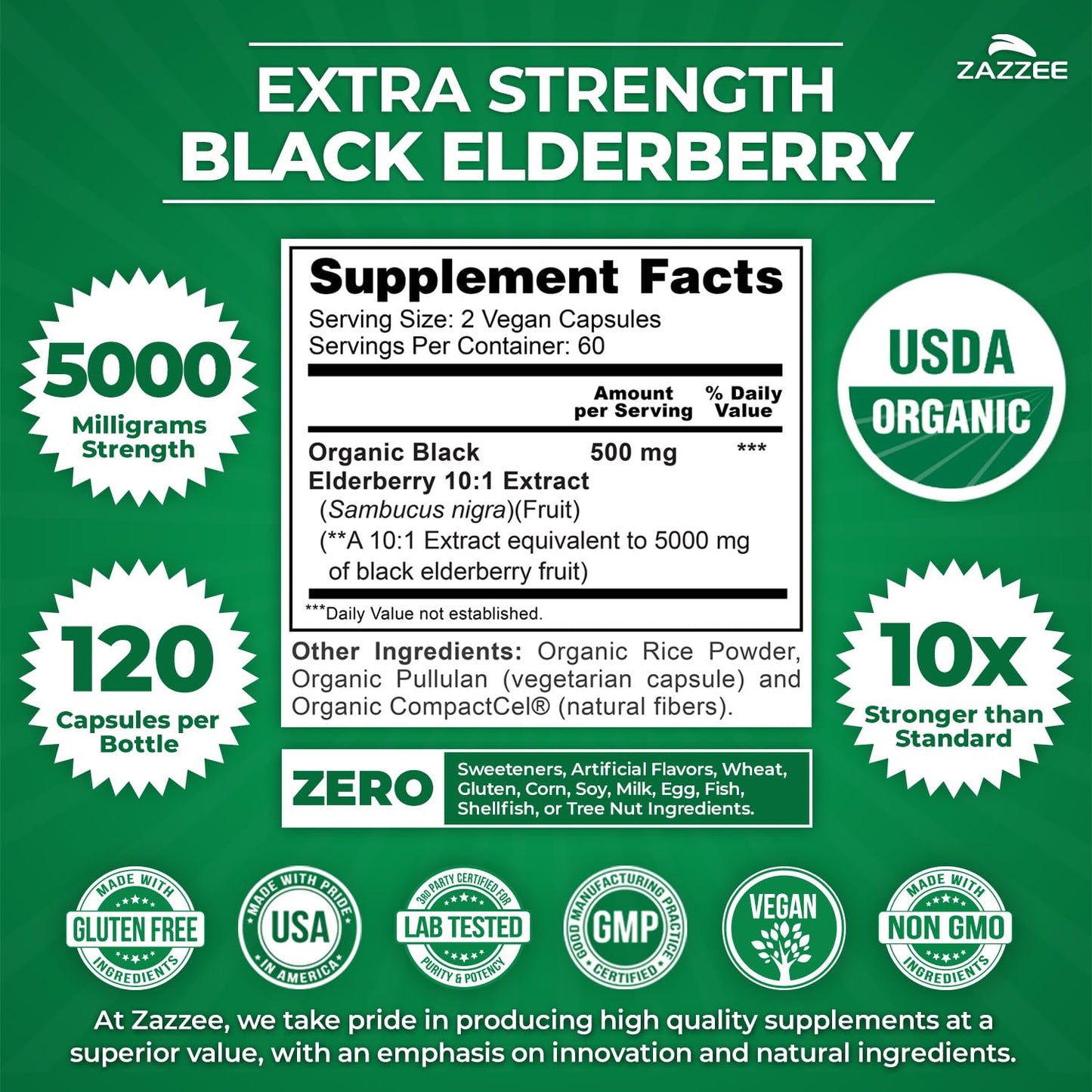 Zazzee USDA Organic Black Elderberry 10:1 Extract – 5000 mg, 120 Capsules