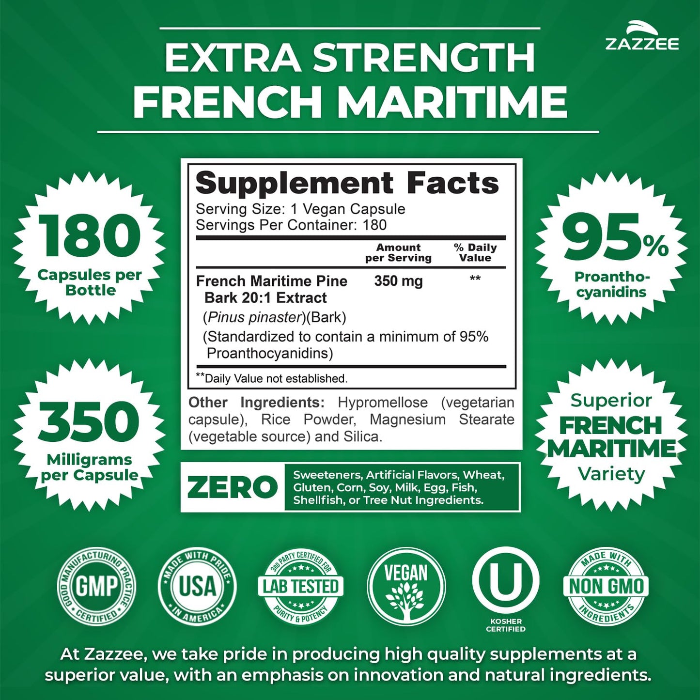 Zazzee Extra Strength French Maritime Pine Bark Extract 20:1 – 350 mg per Capsule, 180 Vegan Capsules