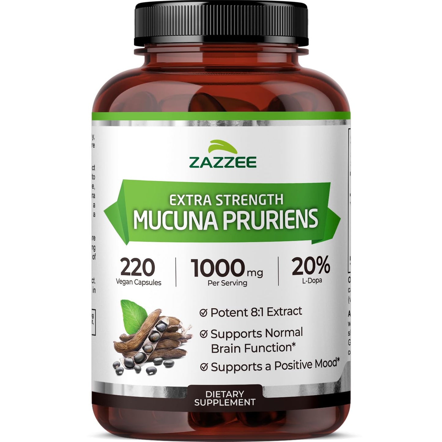 Zazzee Extra Strength Mucuna Pruriens 8:1 Extract – 1000 mg, 20% L-DOPA, 220 Veg Capsules, 110 Day Supply